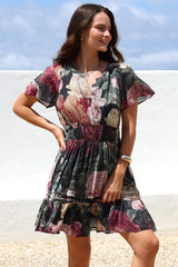 Payton Mini Dress - Pleat Detailed A-Line Dress with Cap Flutter Sleeves in Annalisa Print