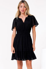 Payton Mini Dress - Pleat Detailed A-Line Dress with Cap Flutter Sleeves in Black