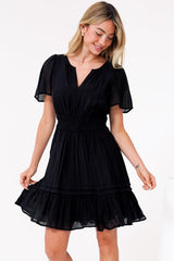 Payton Mini Dress - Pleat Detailed A-Line Dress with Cap Flutter Sleeves in Black
