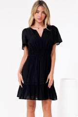 Payton Mini Dress - Pleat Detailed A-Line Dress with Cap Flutter Sleeves in Black