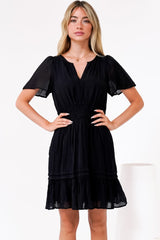 Payton Mini Dress - Pleat Detailed A-Line Dress with Cap Flutter Sleeves in Black