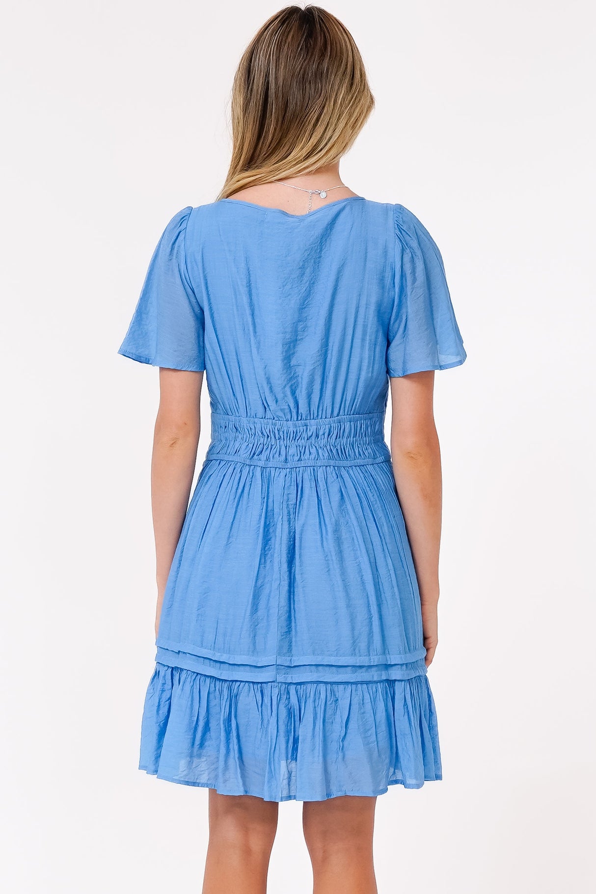 Payton Mini Dress - Pleat Detailed A-Line Dress with Cap Flutter Sleeves in Blue