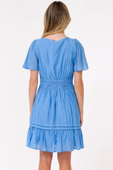 Payton Mini Dress - Pleat Detailed A-Line Dress with Cap Flutter Sleeves in Blue