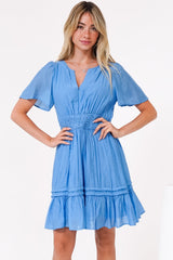 Payton Mini Dress - Pleat Detailed A-Line Dress with Cap Flutter Sleeves in Blue