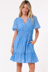 Payton Mini Dress - Pleat Detailed A-Line Dress with Cap Flutter Sleeves in Blue
