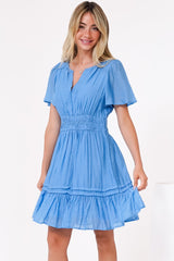 Payton Mini Dress - Pleat Detailed A-Line Dress with Cap Flutter Sleeves in Blue