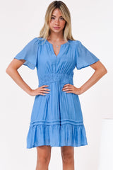 Payton Mini Dress - Pleat Detailed A-Line Dress with Cap Flutter Sleeves in Blue