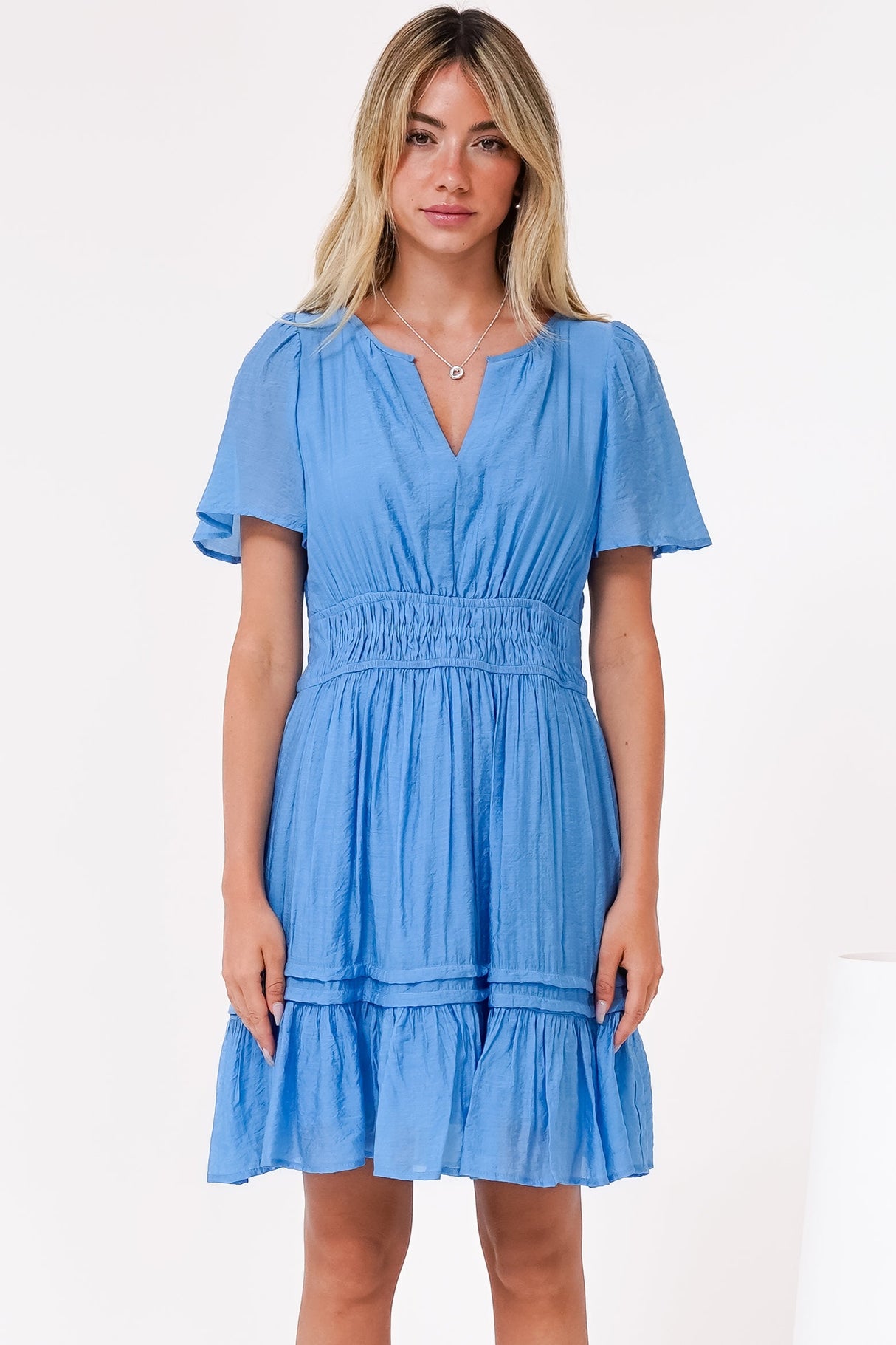 Payton Mini Dress - Pleat Detailed A-Line Dress with Cap Flutter Sleeves in Blue