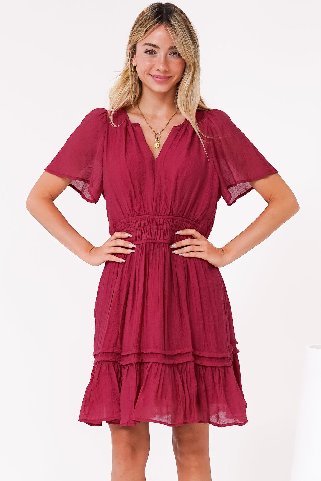 Payton Mini Dress - Pleat Detailed A-Line Dress with Cap Flutter Sleeves in Cherry Red