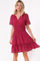 Payton Mini Dress - Pleat Detailed A-Line Dress with Cap Flutter Sleeves in Cherry Red