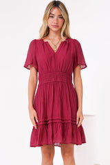 Payton Mini Dress - Pleat Detailed A-Line Dress with Cap Flutter Sleeves in Cherry Red