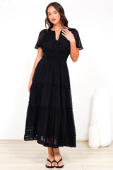 Payton Maxi Dress - Pleat Detailed A-Line Dress with Cap Flutter Sleeves in Black