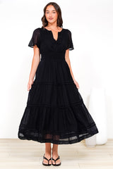 Payton Maxi Dress - Pleat Detailed A-Line Dress with Cap Flutter Sleeves in Black