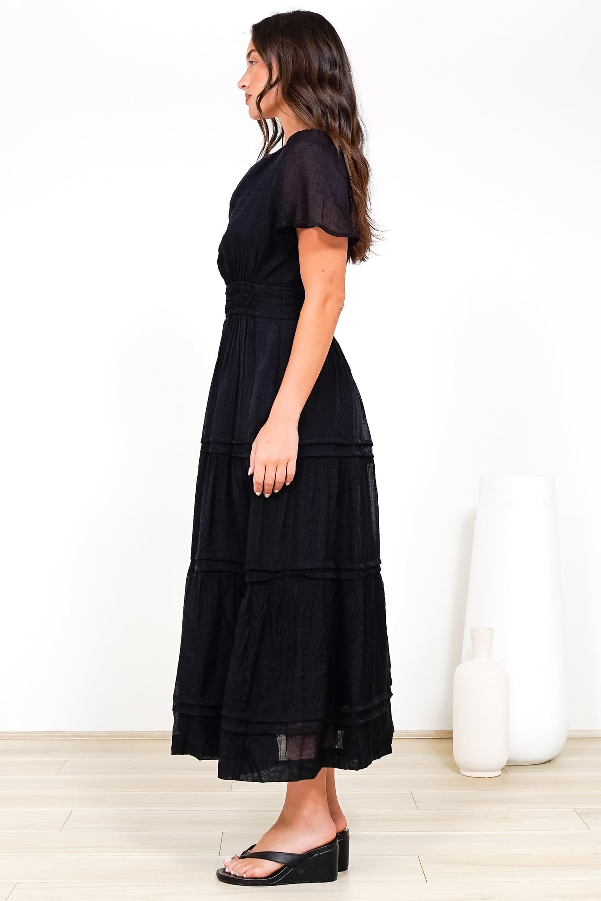 Payton Maxi Dress - Pleat Detailed A-Line Dress with Cap Flutter Sleeves in Black