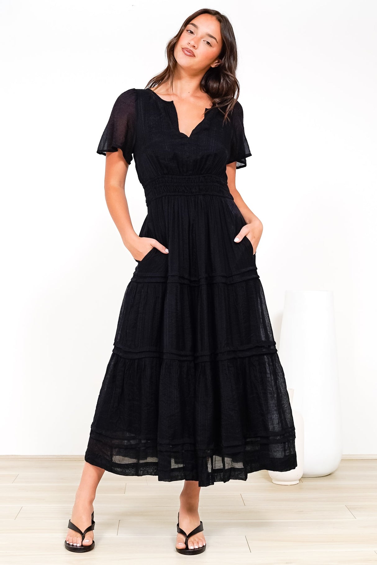 Payton Maxi Dress - Pleat Detailed A-Line Dress with Cap Flutter Sleeves in Black