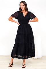 Payton Maxi Dress - Pleat Detailed A-Line Dress with Cap Flutter Sleeves in Black
