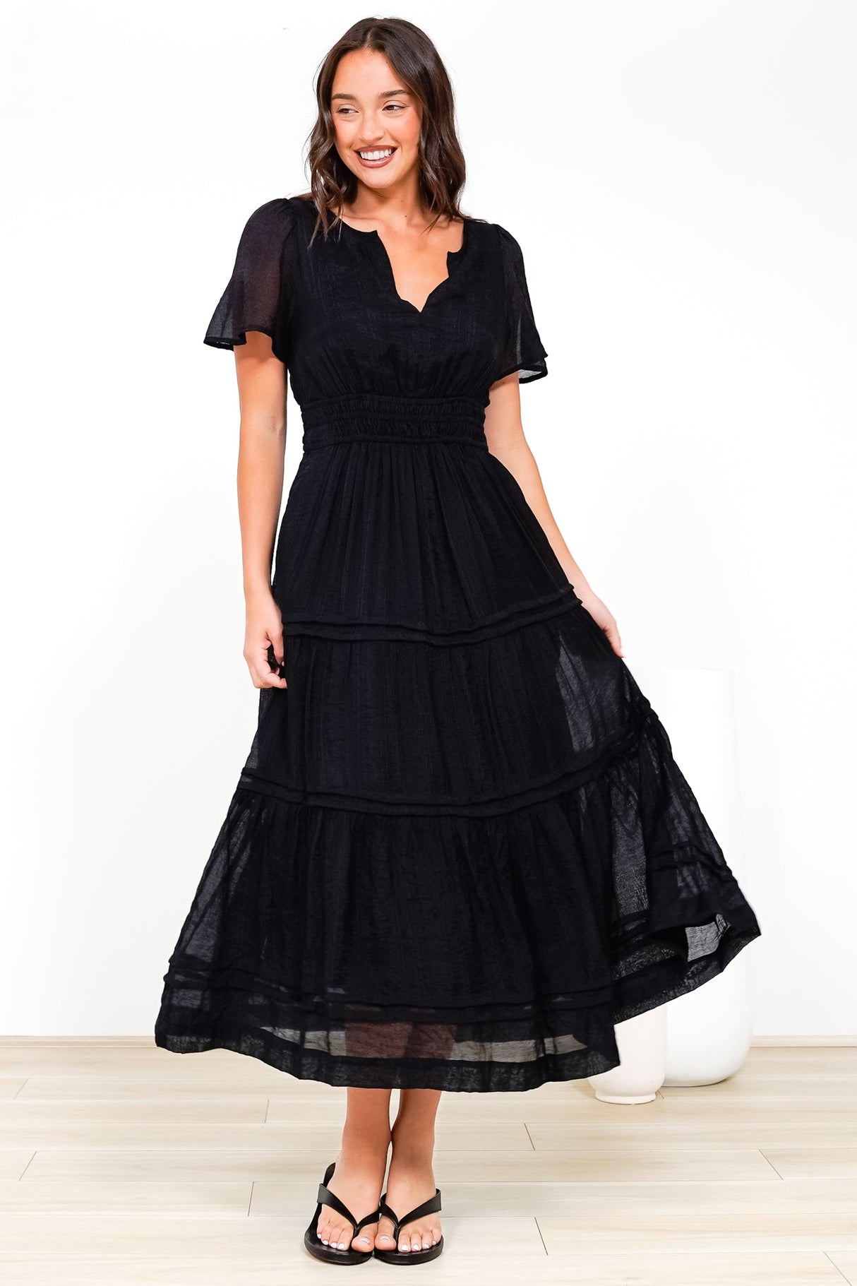 Payton Maxi Dress - Pleat Detailed A-Line Dress with Cap Flutter Sleeves in Black