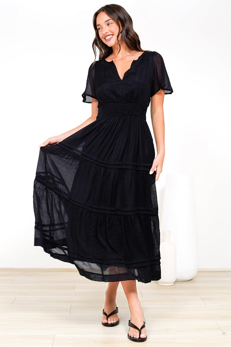 Payton Maxi Dress - Pleat Detailed A-Line Dress with Cap Flutter Sleeves in Black