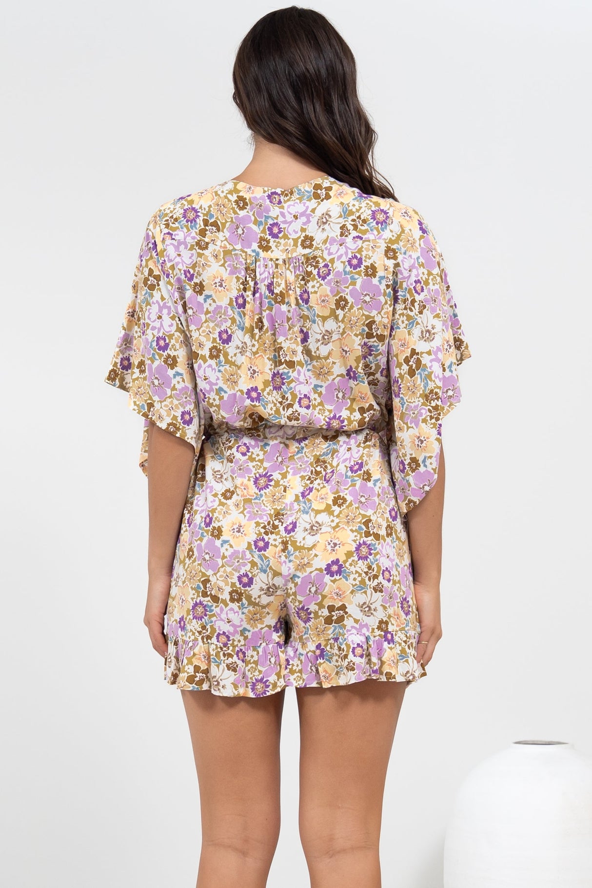 Peachy Playsuit - V-Neck Buttoned Bodice Kimono Sleeve Playsuit in Varia Print