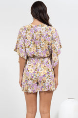 Peachy Playsuit - V-Neck Buttoned Bodice Kimono Sleeve Playsuit in Varia Print