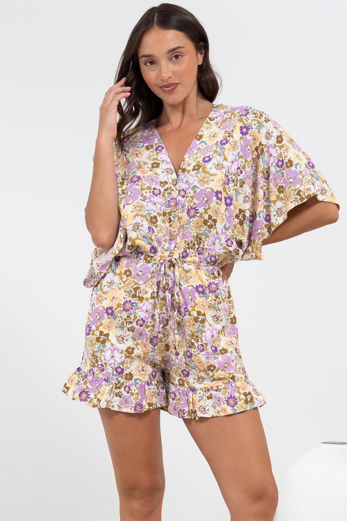 Peachy Playsuit - V-Neck Buttoned Bodice Kimono Sleeve Playsuit in Varia Print