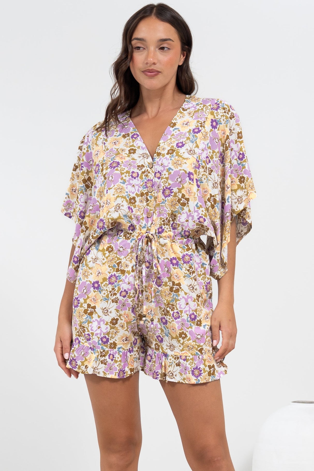 Peachy Playsuit - V-Neck Buttoned Bodice Kimono Sleeve Playsuit in Varia Print