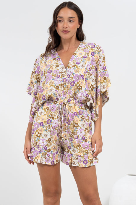 Peachy Playsuit - V-Neck Buttoned Bodice Kimono Sleeve Playsuit in Varia Print