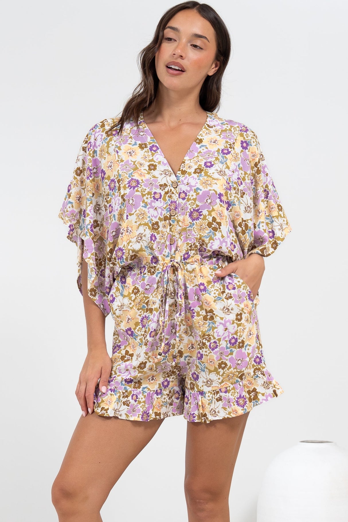 Peachy Playsuit - V-Neck Buttoned Bodice Kimono Sleeve Playsuit in Varia Print