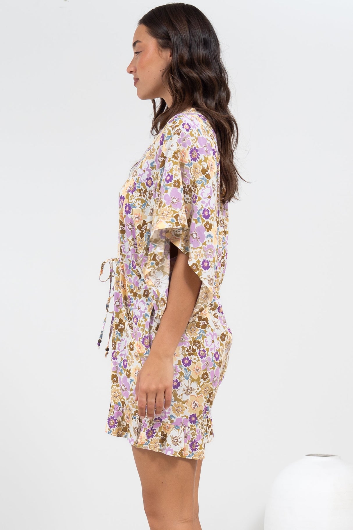 Peachy Playsuit - V-Neck Buttoned Bodice Kimono Sleeve Playsuit in Varia Print