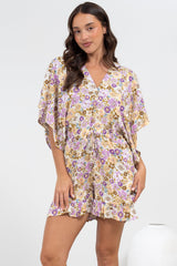 Peachy Playsuit - V-Neck Buttoned Bodice Kimono Sleeve Playsuit in Varia Print