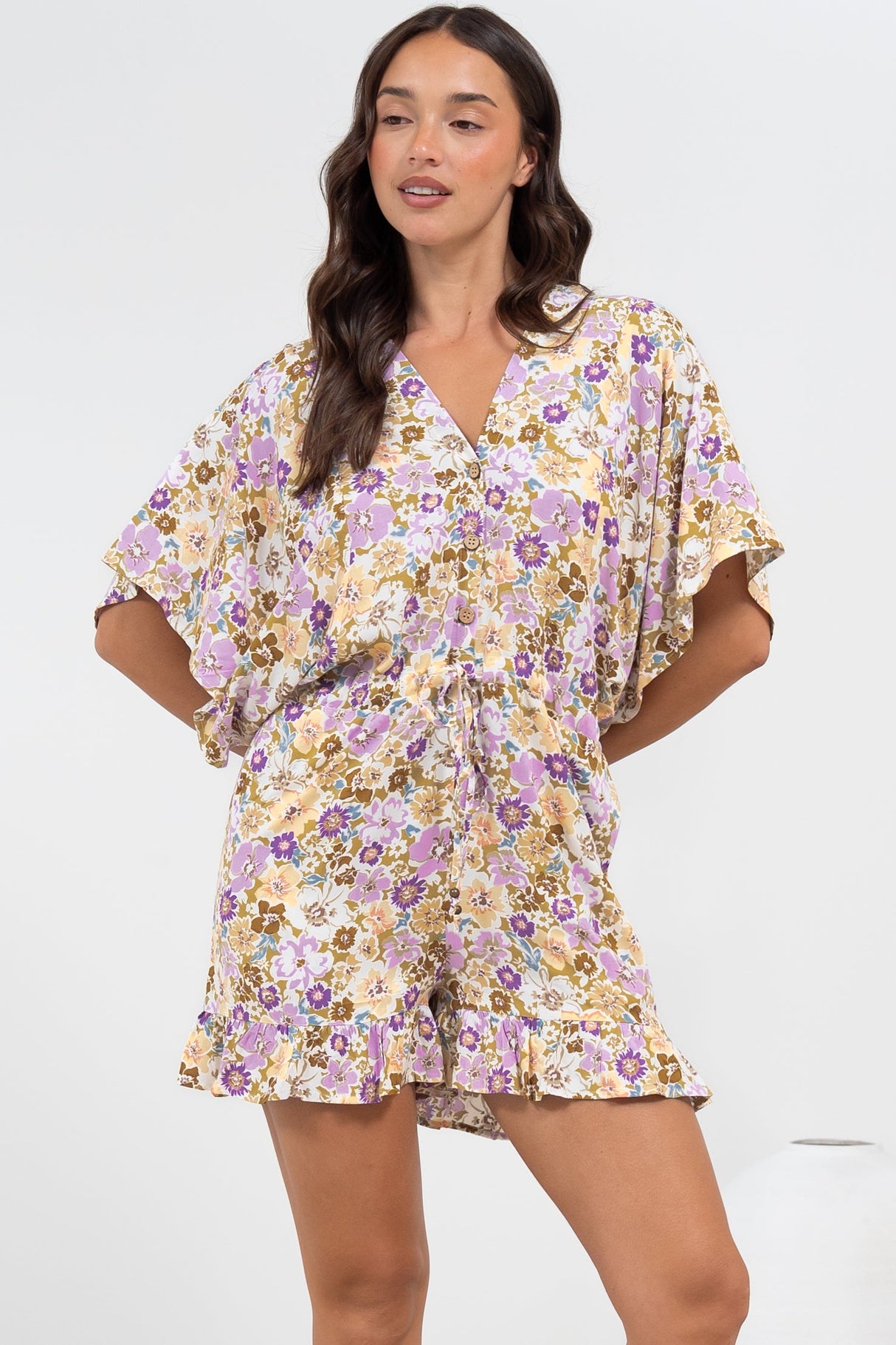 Peachy Playsuit - V-Neck Buttoned Bodice Kimono Sleeve Playsuit in Varia Print