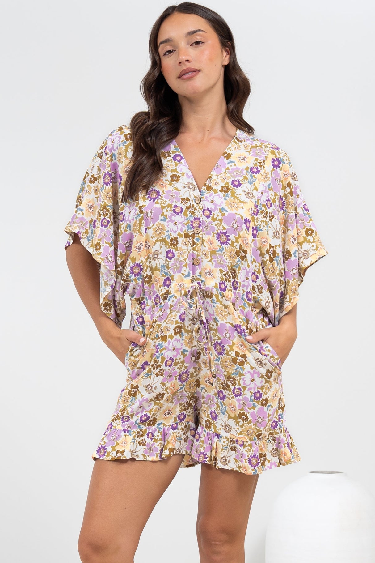 Peachy Playsuit - V-Neck Buttoned Bodice Kimono Sleeve Playsuit in Varia Print