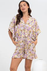 Peachy Playsuit - V-Neck Buttoned Bodice Kimono Sleeve Playsuit in Varia Print