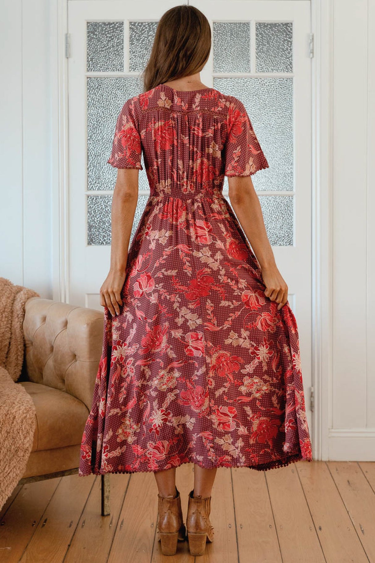 Pearl Midi Dress - V-Neck Button-Down Dress with Pom-Pom Trims in Ziggy Print