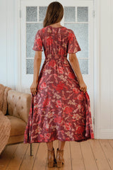 Pearl Midi Dress - V-Neck Button-Down Dress with Pom-Pom Trims in Ziggy Print