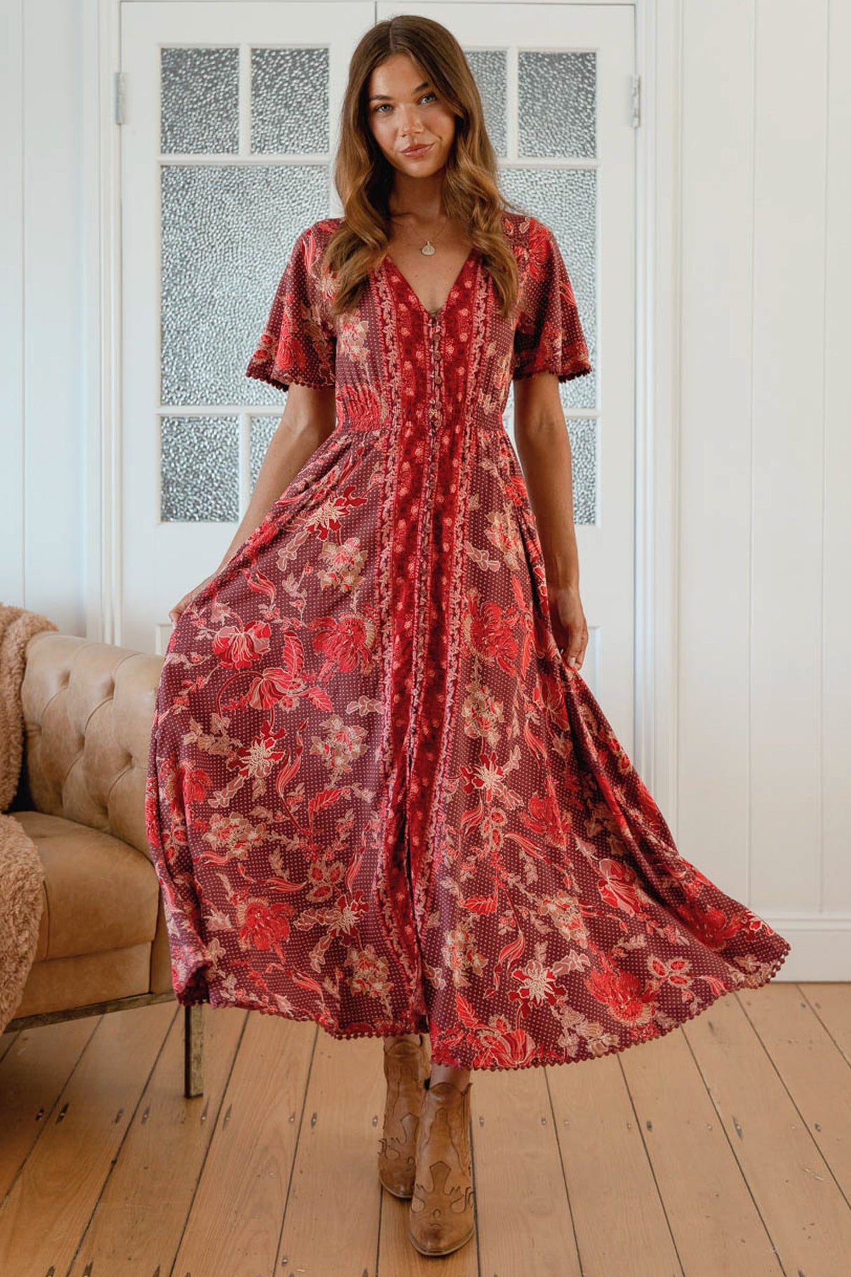 Pearl Midi Dress - V-Neck Button-Down Dress with Pom-Pom Trims in Ziggy Print