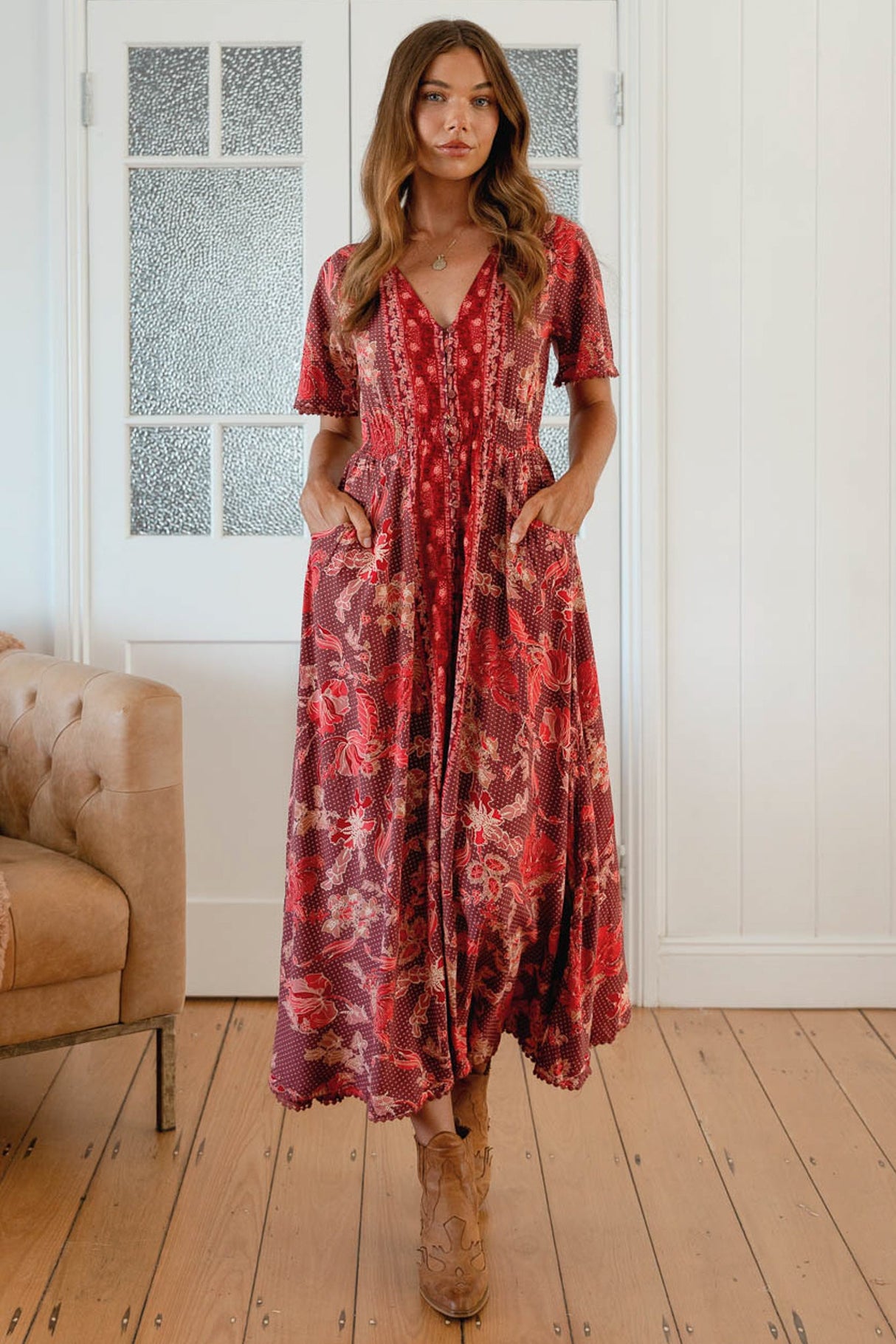 Pearl Midi Dress - V-Neck Button-Down Dress with Pom-Pom Trims in Ziggy Print