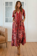 Pearl Midi Dress - V-Neck Button-Down Dress with Pom-Pom Trims in Ziggy Print