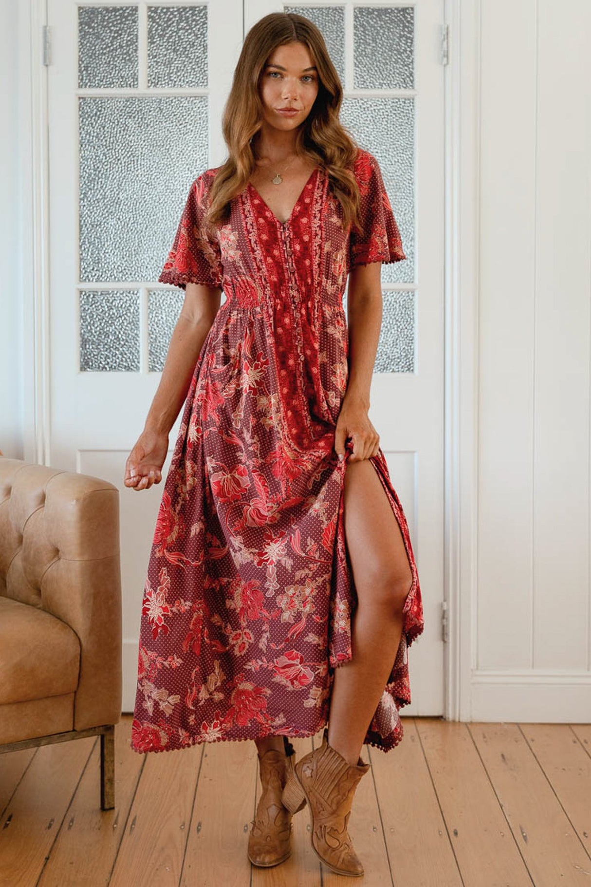 Pearl Midi Dress - V-Neck Button-Down Dress with Pom-Pom Trims in Ziggy Print