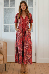 Pearl Midi Dress - V-Neck Button-Down Dress with Pom-Pom Trims in Ziggy Print