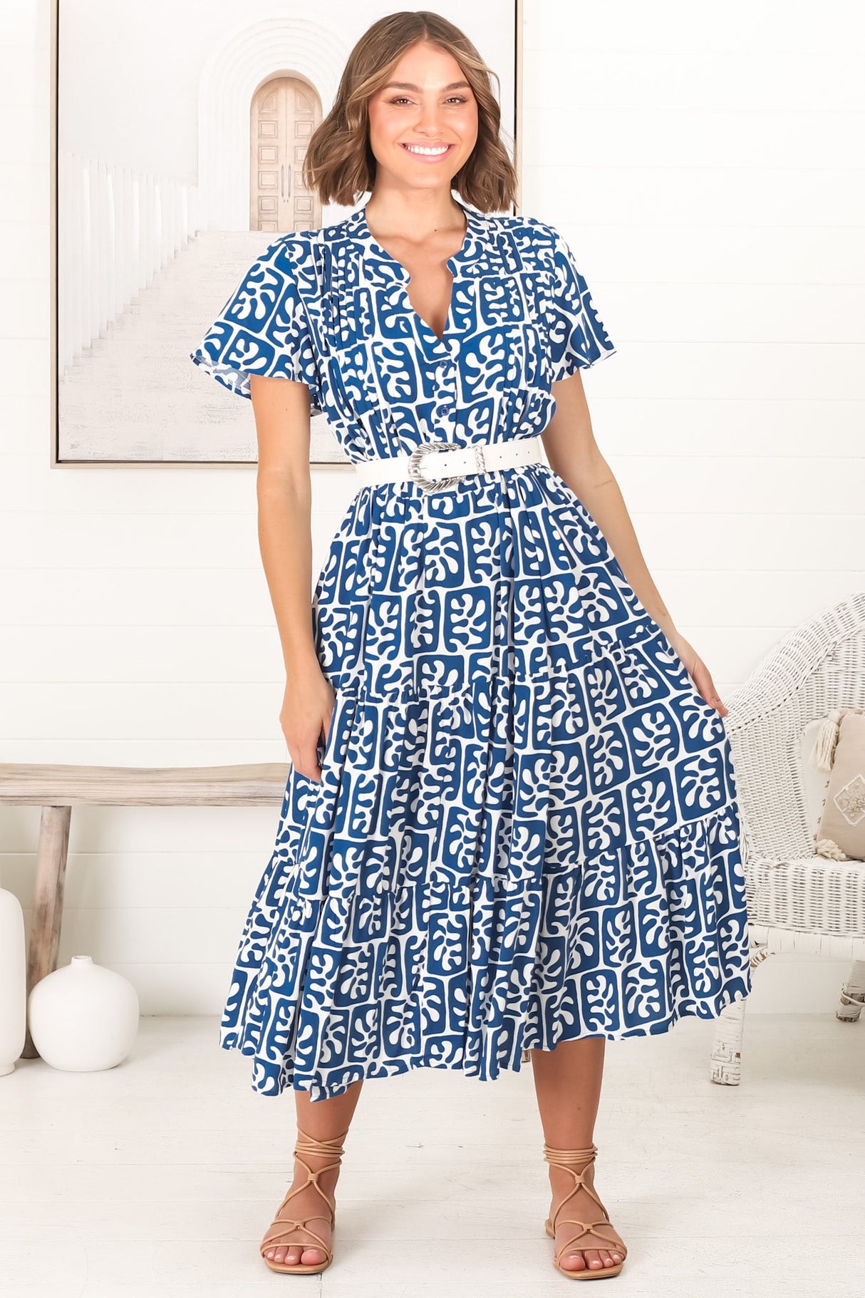 Peggy Midi Dress - Relaxed Mandarin Collar Pleated Bust Tiered Dress in Davey Print Blue