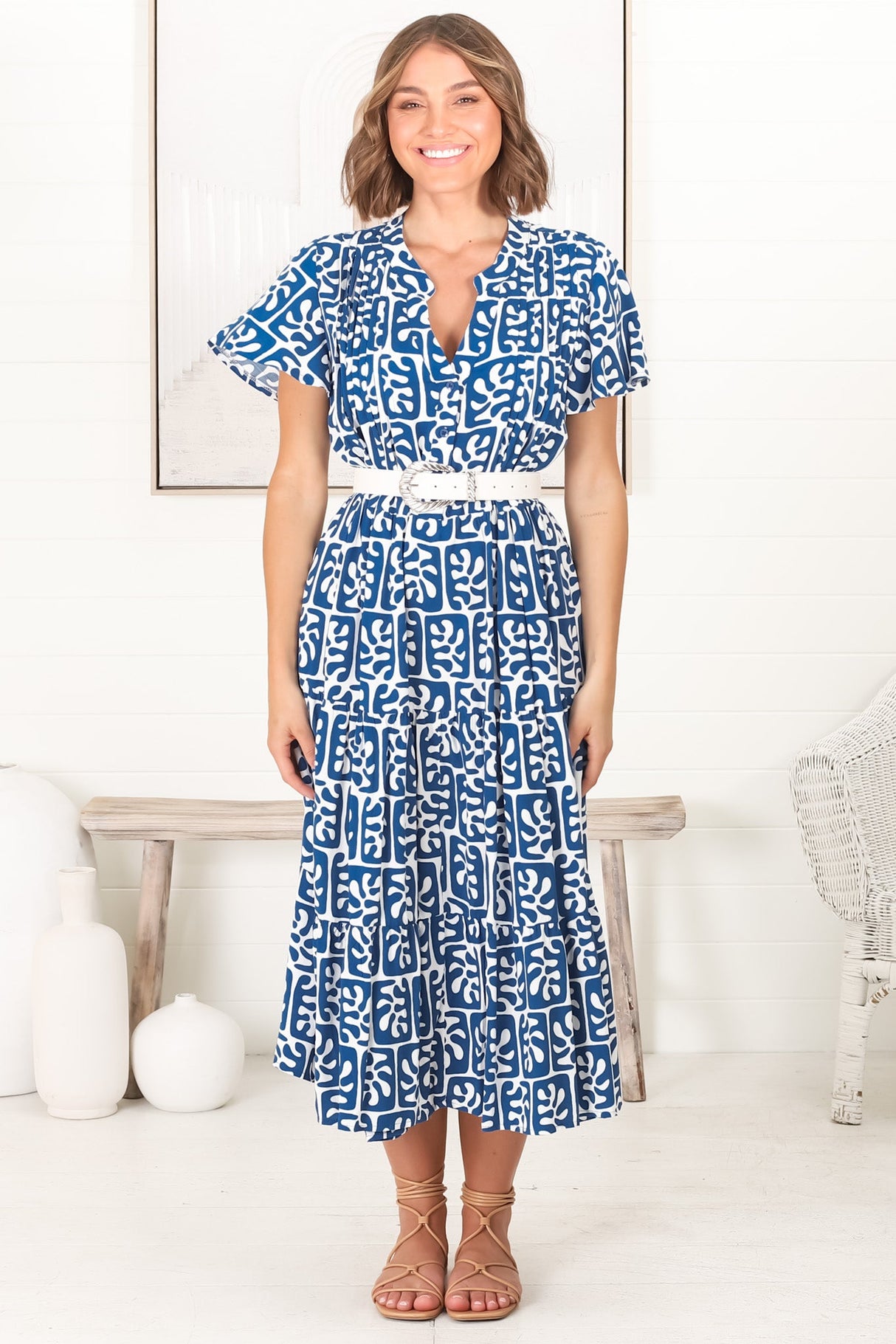 Peggy Midi Dress - Relaxed Mandarin Collar Pleated Bust Tiered Dress in Davey Print Blue