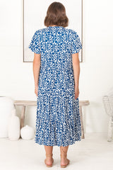 Peggy Midi Dress - Relaxed Mandarin Collar Pleated Bust Tiered Dress in Davey Print Blue