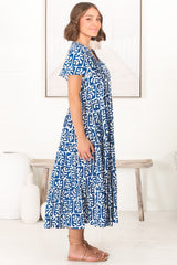 Peggy Midi Dress - Relaxed Mandarin Collar Pleated Bust Tiered Dress in Davey Print Blue