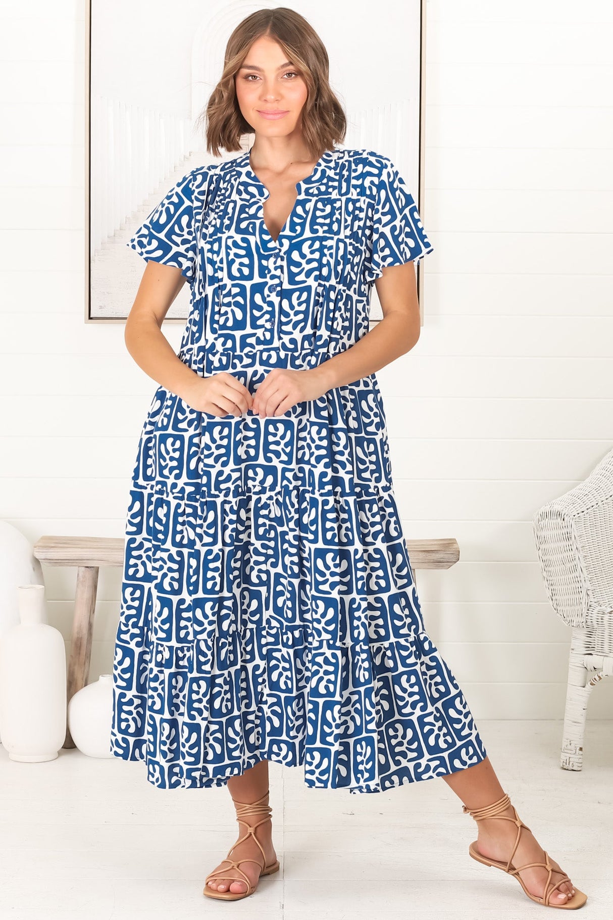 Peggy Midi Dress - Relaxed Mandarin Collar Pleated Bust Tiered Dress in Davey Print Blue