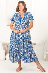 Peggy Midi Dress - Relaxed Mandarin Collar Pleated Bust Tiered Dress in Davey Print Blue