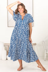 Peggy Midi Dress - Relaxed Mandarin Collar Pleated Bust Tiered Dress in Davey Print Blue