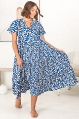 Peggy Midi Dress - Relaxed Mandarin Collar Pleated Bust Tiered Dress in Davey Print Blue