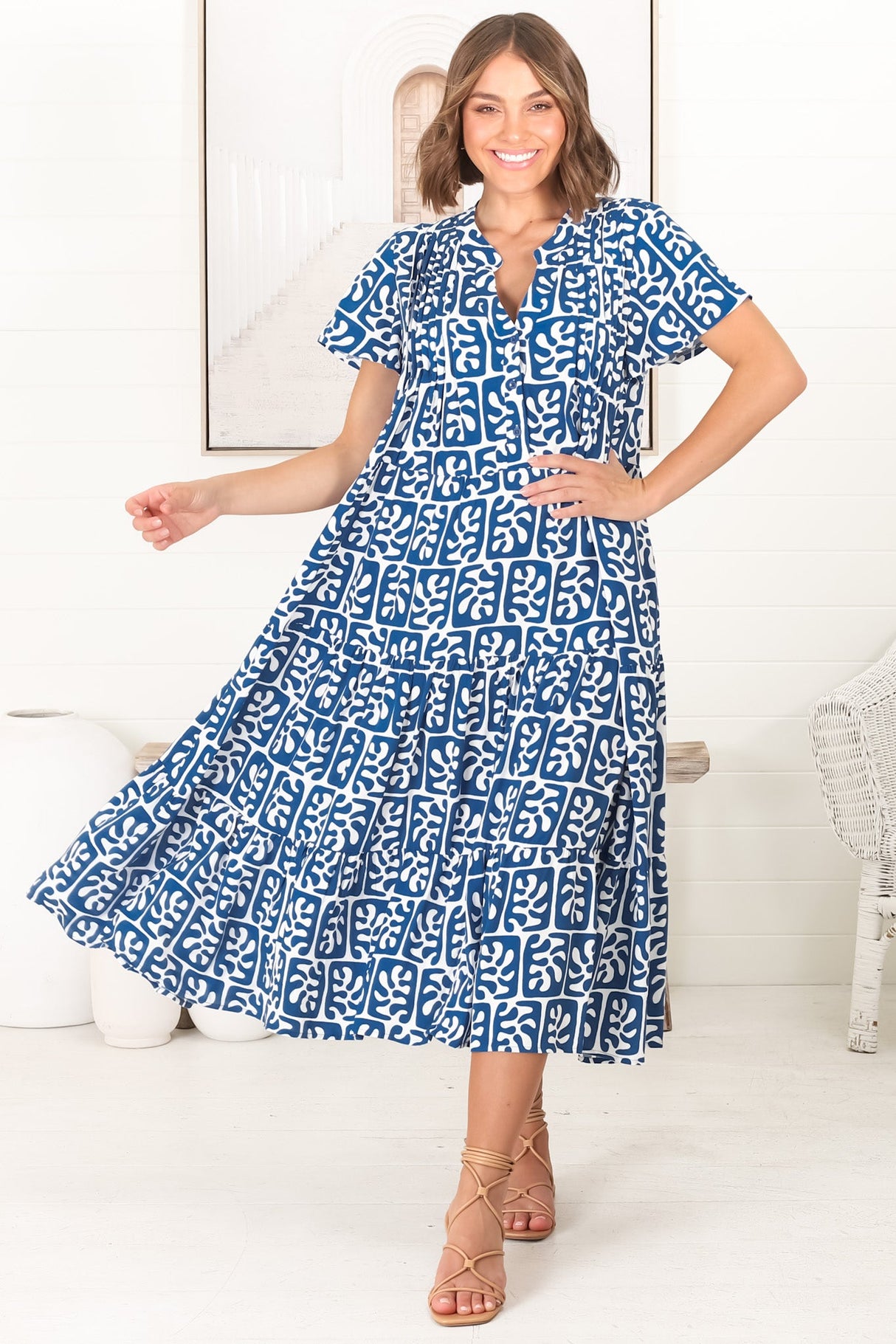 Peggy Midi Dress - Relaxed Mandarin Collar Pleated Bust Tiered Dress in Davey Print Blue