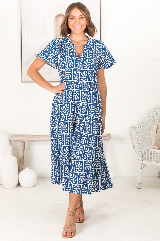 Peggy Midi Dress - Relaxed Mandarin Collar Pleated Bust Tiered Dress in Davey Print Blue